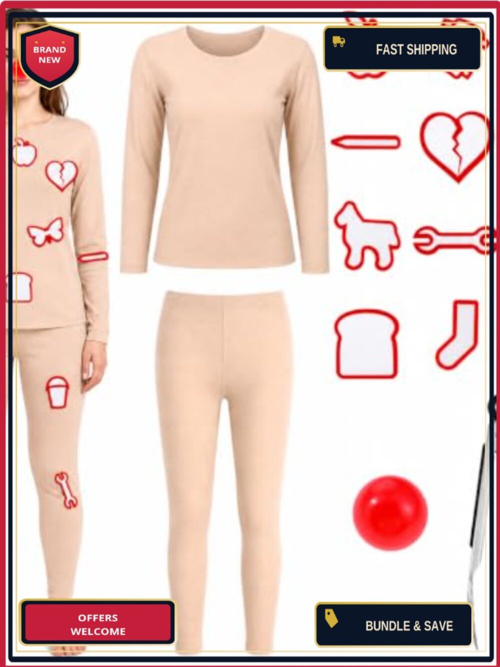 Halloween Operation Costume Set Beige Top Leggings Felt Patches Tongs Cosplay